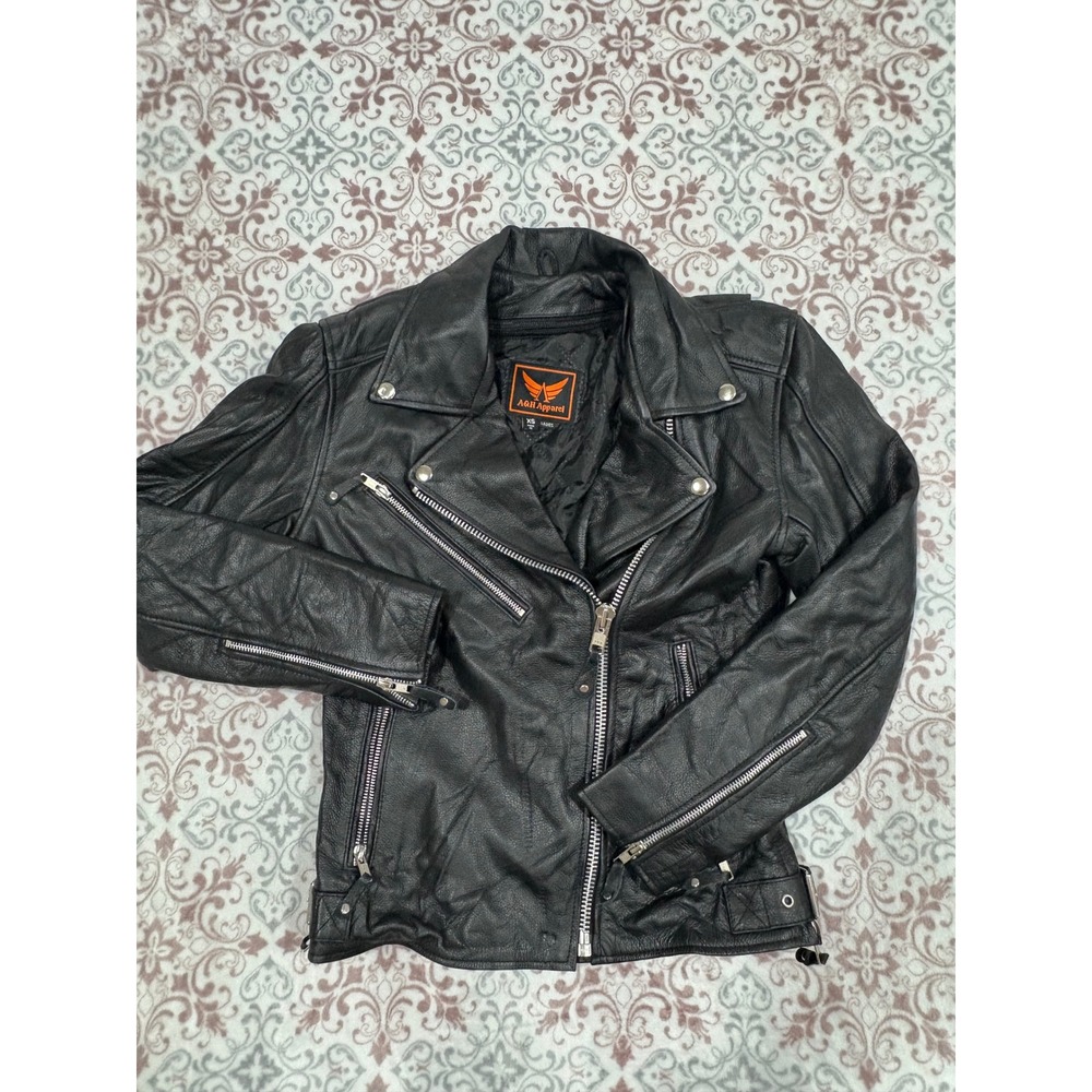 A&H Apparel Black Leather Motorcycle Jacket Womens XS Biker Asymmetrical Zip